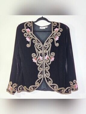 VINTAGE LINZAS CALIFORNIA VELVET BEADED BULLION STYLE EMBROIDERY  BLAZER JACKET